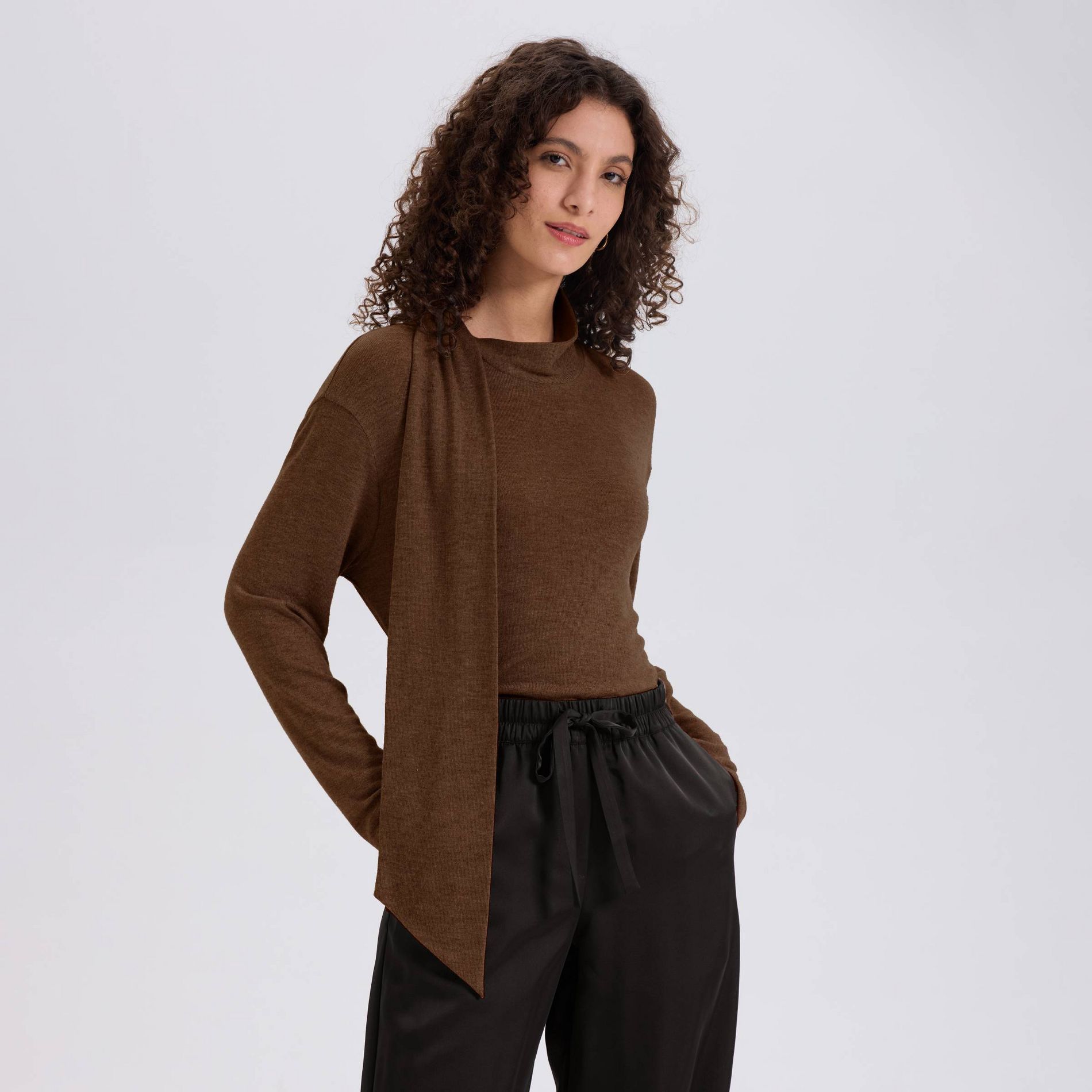 Women's Long Sleeve Scarf Neck Sweater Knit Top - A New Day™ Brown S