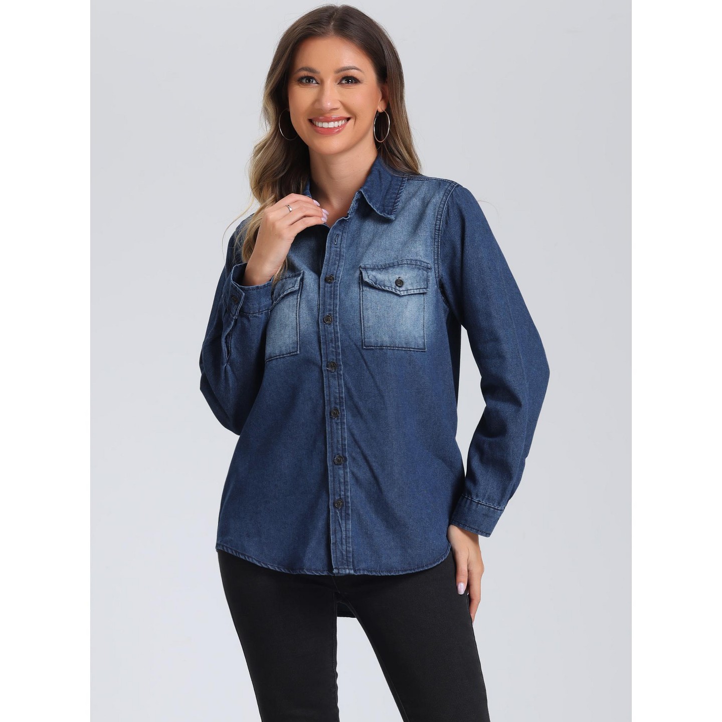Женские куртки Allegra K Button Down Collar Long Sleeve Oversized Casual Denim Jackets Blue, цвет: Джинсовый — фото 4