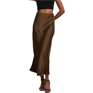 Women's Satin Maxi Skirt - High Waist A-Line Long Skirt for Elegant Office Wear Coffee Brown - 1 of 4