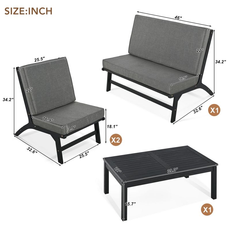 4-Piece V-shaped Seats set, Acacia Solid Wood Outdoor Sofa Furniture, Black+Gray 4A - ModernLuxe, 3 of 13