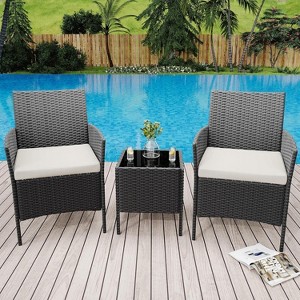 Acekool 3-Piece Outdoor Patio Furniture Set – Weather-Resistant Rattan Seating with Upholstered Cushions & Glass Storage Coffee Table - 1 of 4