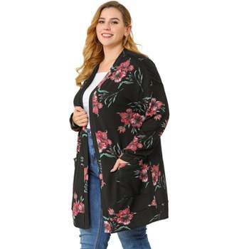 Agnes Orinda Women's Plus Size Lightweight Open Front Knit Floral Cardigan