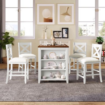 NicBex 5-Piece Counter Height Dining Set for 4 -Rustic Dining Table with 3-Tier Shelf & 4 Upholstered Chairs, Wooden Bar Table Set, Kitchen Table Set