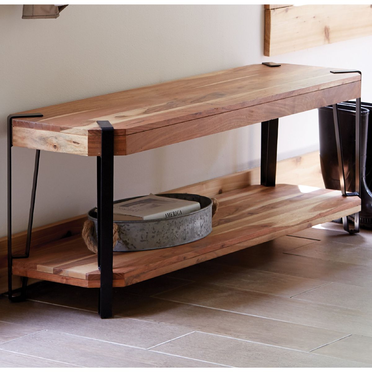 Alaterre Furniture 48" Ryegate Natural Brown Live Edge Solid Wood Bench Metal And Wood: Entryway, Bedroom Seating