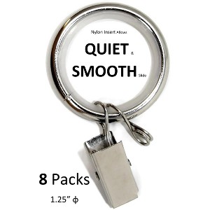 Set of 8 Metal Curtain Rings with Clips, Eyelets and Nylon Inserts Quiet Smooth, 1.25inch Diameter - 1 of 1