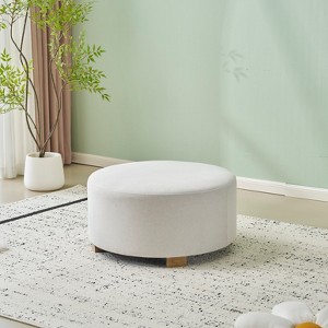 White Fabric Round Ottoman with Wooden Legs, Modern Minimalist Ottoman - 1 of 1