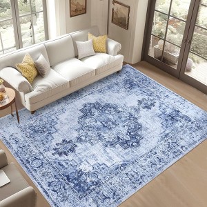 Washable Neutral Area Rug for Living Room Bedroom, Soft Vintage Low Pile Non-Slip Boho Farmhouse Carpet - 1 of 4