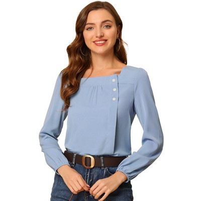 Allegra K Women's Casual Button Decor Long Sleeve Solid Square Neck Blouse