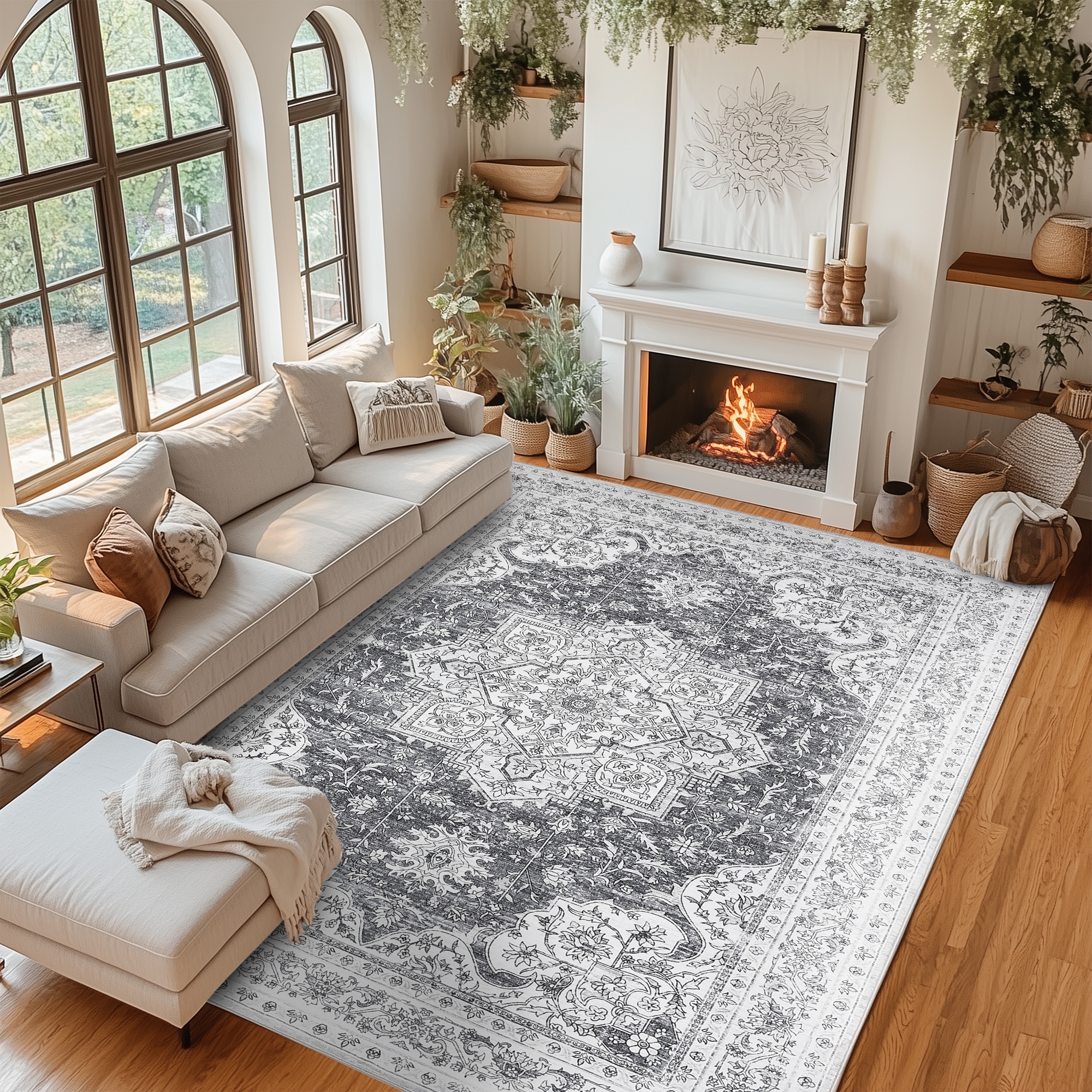 Coucheta Washable Area Rug, Non-Slip Floral Vintage Retro Carpet, Neutral Machine Runner Rugs for Bedroom, Living Room, Kitchen, Hallways, Entryway