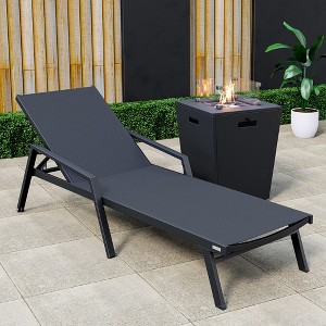 LeisureMod Marlin Modern Patio Chaise Lounge Chair in Black Aluminum Frame With Arms and Square Fire Pit Side Table - 1 of 4