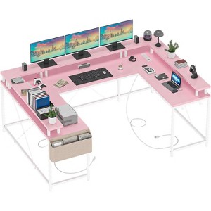 U Shaped Computer Gaming Desk,with LED Lights & Power Outlets,Corner Computer Desk with Storage Shelves,for Home Office - 1 of 4