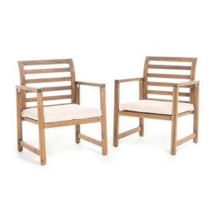 Emilano Set of 2 Acacia Wood Club Chair - Natural Stained - Christopher Knight Home: Weather-Resistant Patio Accent Chairs with Polyester Cushions - 1 of 4