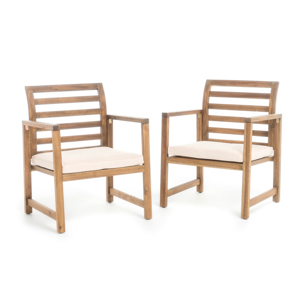 Emilano Set of 2 Acacia Wood Club Chair - Natural Stained - Christopher Knight Home: Weather-Resistant Patio Accent Chairs with Polyester Cushions