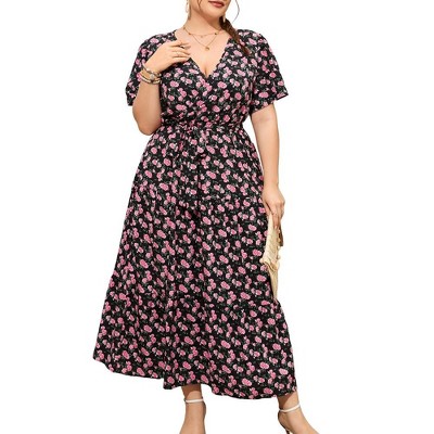 MISSKY Women Plus Size Wrap Dress High Waist Short Sleeve Ruffle Casual Summer Maxi Dresses with Belt