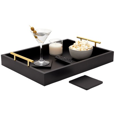 Juvale Decorative Wood Serving Tray with Handles and Coasters, Black, 15.7 x 11.8 x 3 in