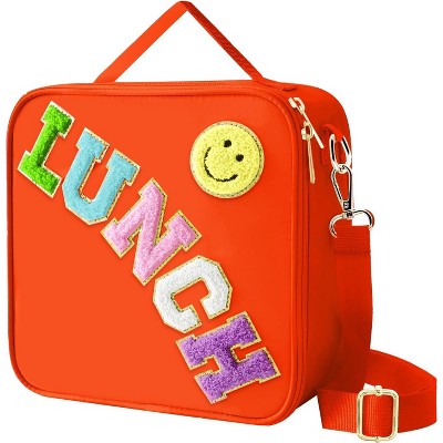 Insulated Lunch Bag With Adjustable Shoulder Strap, Nylon Preppy Lunch Box Reusable Lunch Tote Bag with Smiley Preppy LunchBag for Girls School