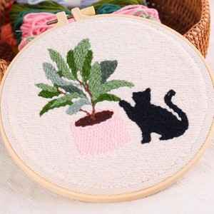 20cm/7.9in Punch Needle Embroidery Starter Kits for Beginners with Embroidery Hoops, Punch Needle Fabric with Pattern, Cartoon Cat and Green Plant - 1 of 4