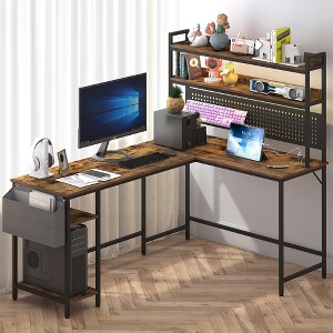Racxily L Shaped Office Desk, Reversible Corner Computer Desk with Power Outlet and LED Light, Gaming Desk with Storage Shelf and Monitor Stand, Brown - 1 of 4