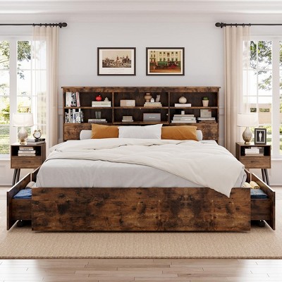 Storage Wooden Bed Frame with Bookcase Headboard and 4 Large Drawers