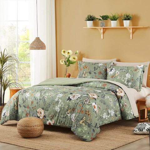 Der Rose BALHAM TRADE-Queen Size 7 Pieces Bedding Sets All Seasons Botanical Butterfly Comforter Sheets Green Butterfly&floral-Queen 90"x90"