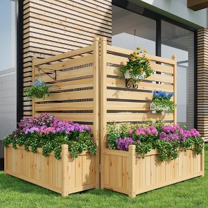 Outdoor Privacy Screen with Planter Box, Freestanding Wooden Fence Cover for Patio & Garden, Decorative Divider, Natural Wood Color - 1 of 4
