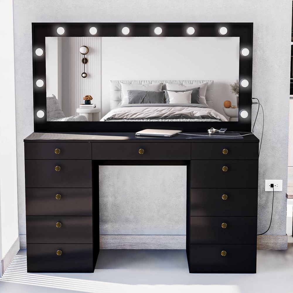 Photos - Bedroom Set Caroline Lighted with Knobs Makeup Vanity Black/Gold - Boahaus