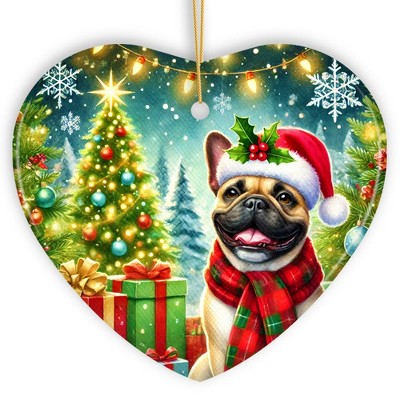 Festive French Bulldog Heart-Shaped Porcelain Ornament