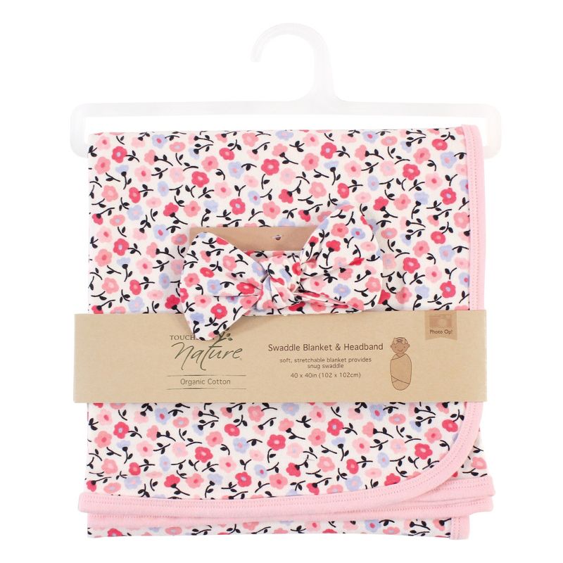 Touched by Nature Baby Girl Organic Cotton Swaddle Blanket and Headband or Cap, Ditsy Floral, One Size, 2 of 6