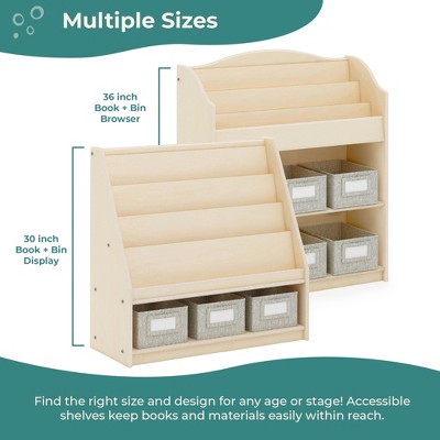 Natural Wooden Kids Book and Bin Display with Fabric Bins
