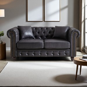 63.5" Tech Fabric Chesterfield 3-Seater Sofa with Button Tufted, Nail Trim & 2 Pillows - 1 of 4