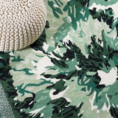 Ivory and Green Wool Tufted Square Area Rug