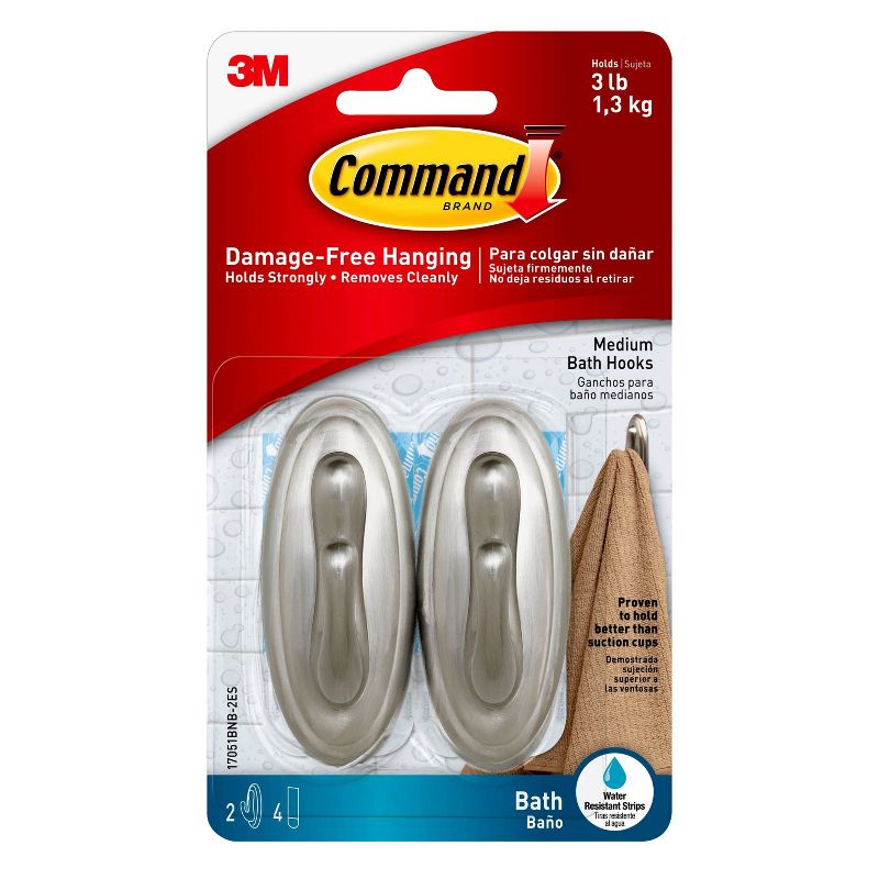 Command 2 Hooks 4 Strips Medium Sized Traditional Hooks with Water Resistant Strips Nickel, 3 of 11