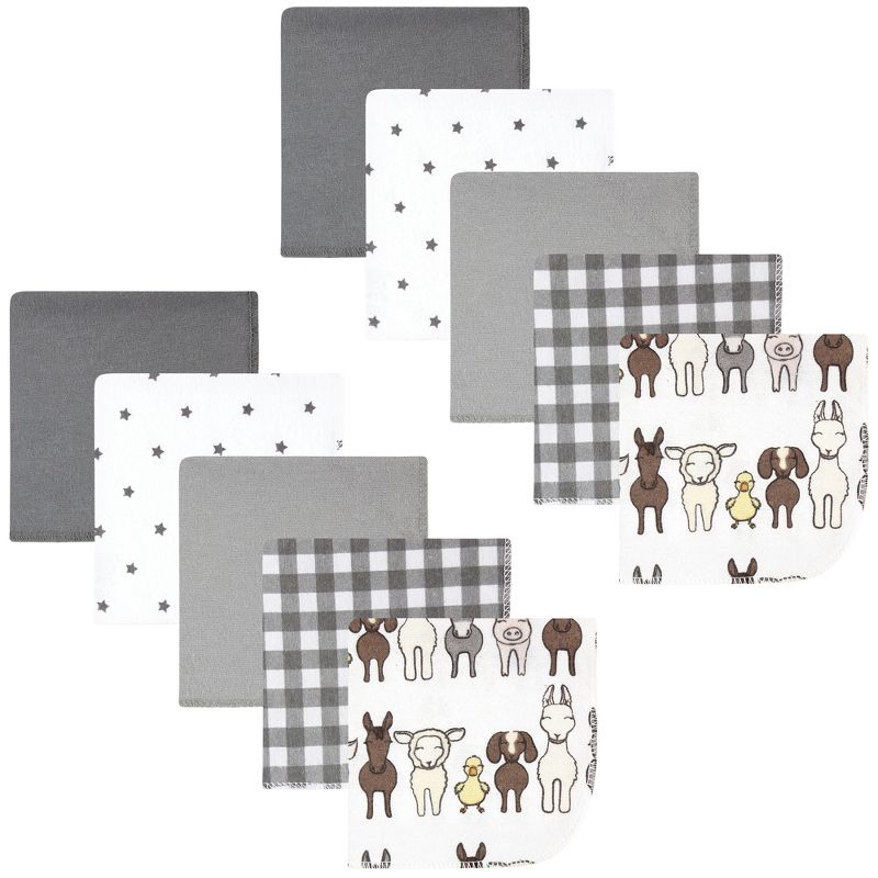 Hudson Baby Flannel Cotton Washcloths, Farm Friends Grey 10-Pack, One Size, 1 of 8