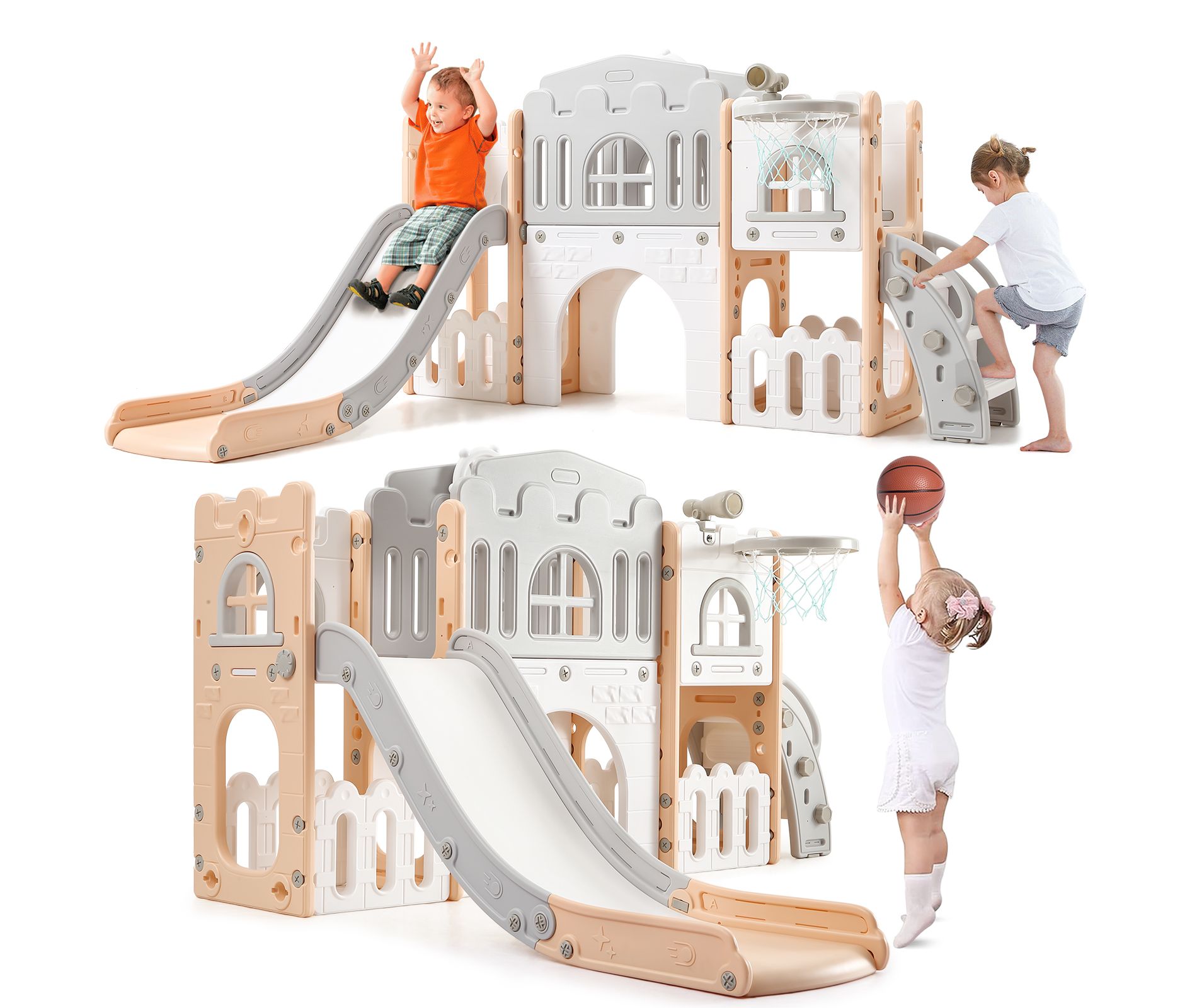 CuisinSmart 8 in 1 Toddler Slide Indoor Playground for 1-3, with Slide, Basketball Hoop, Climber, Crawling Tunnel, Telescope, Toy Storage， Pink