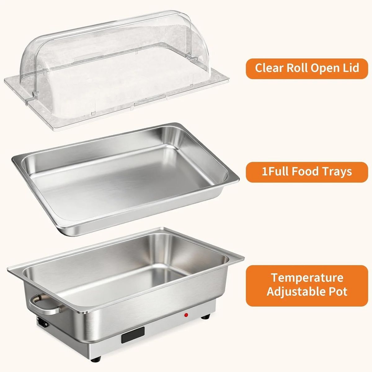9QT Stainless Steel Electric Chafing Dish Buffet Server, Roll Top Clear Lid Adjustable Temp Control Food Warmer for Party Wedding Catering - thumbnail 8