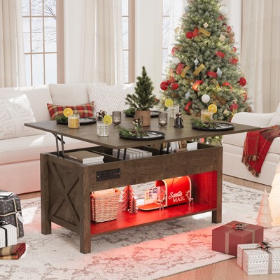 Buenhomino Lift Top Coffee Table, 4in1 Convertible Coffee Tables with LED Light and Charging Station, Farmhouse Coffee Table Converts to Dining Table