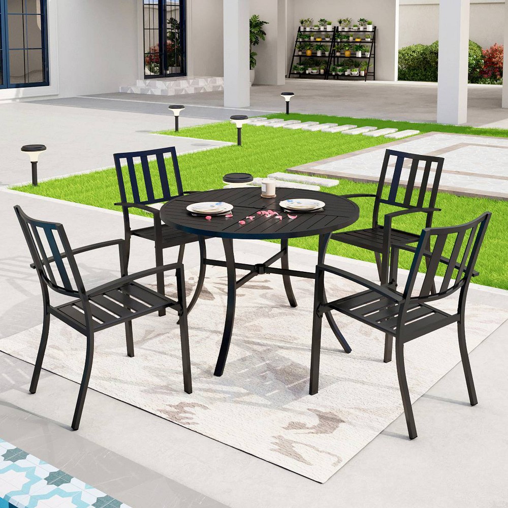 Photos - Dining Table 5pc Outdoor Dining Set with Stackable Chairs & Round Metal Table - Black 