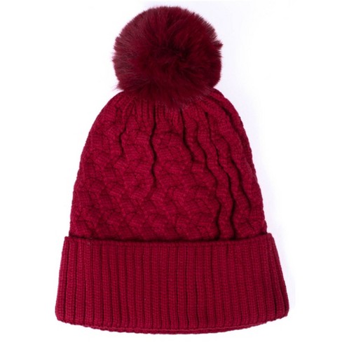 Thedappertie Women s Red Solid Color 100 Polyester Cable Knit Hat With Pom Target