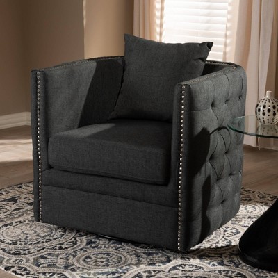 Micah Fabric Upholstered Tufted Swivel Chair Black - Baxton Studio: Plywood Frame, 360-Degree Rotation, Elegant Design