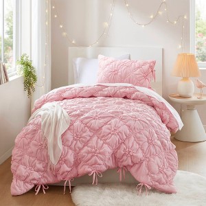 AENKYO Full/Queen Comforter Set, 3-Piece Puffy Embroidery Bedding with Textured Floral Quilting & Elastic Ruching Design - 1 of 4