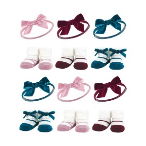 Hudson Baby Infant Girl 12Pc Headband and Socks Giftset, Burgundy Pink Teal, One Size - 1 of 2