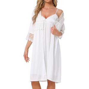 INSPIRE CHIC Women's Silky Satin Lace 3/4 Sleeve Camisole Nightgown and 3/4 Sleeve Robe Set - 1 of 4