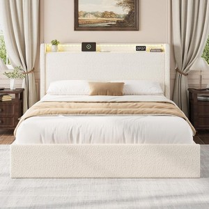 Bed Frame with 4 Storage Drawers, Upholstered Bed Frame with Headboard, Charging Station LED Lights, No Box Spring Needed, Noise Free - 1 of 4