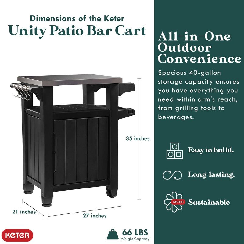 Keter Unity 40 Gallon Stainless Steel Top Grilling Bar Cart with Westwood 150 Gallon Plastic Outdoor Furniture Storage Deck Box, Brown, 4 of 7