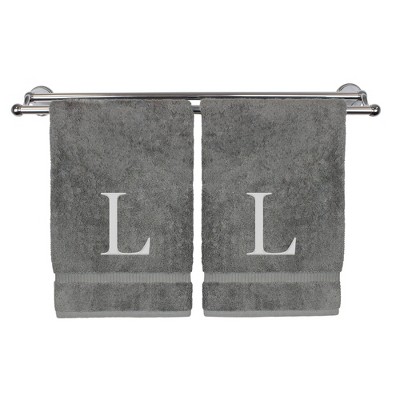 BC BARE COTTON Monogrammed Hand Towel, 100% Turkish Cotton - Set of 2 - Gray - Silver Block