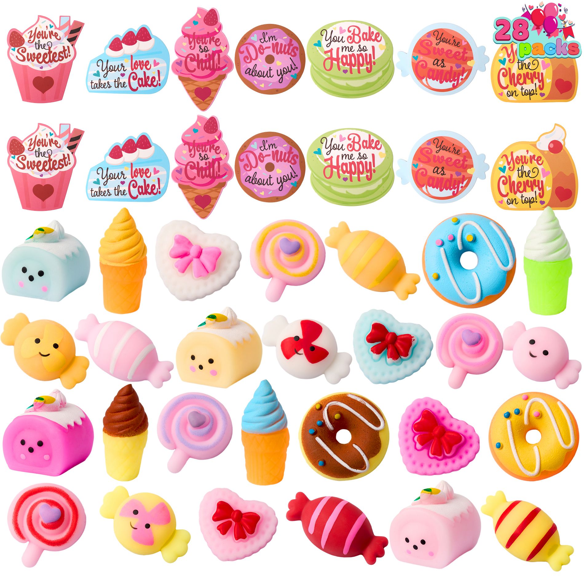 Joyfy 28Pcs/36Pcs Squishies Toys with Valentines Day Cards for Kids-Classroom Exchange Gifts