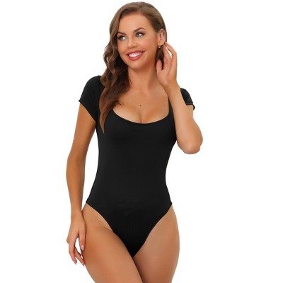 Allegra K Women's Long Sleeve Slim Fit Stretchy Square Neck Leotard  Jumpsuit Black Small