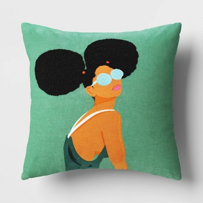 Two Puffs Portrait Embroidered Cotton Square Throw Pillow Teal - Room Essentials™