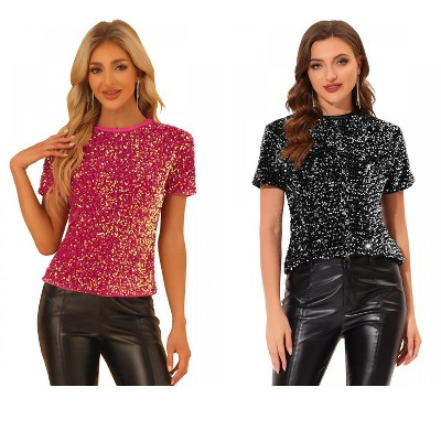 INSPIRE CHIC Women's Sequin Velvet Crew Neck Short Sleeve T-shirt 2 Packs