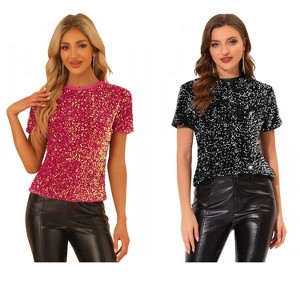 INSPIRE CHIC Women's Sequin Velvet Crew Neck Short Sleeve T-shirt 2 Packs - 1 of 4